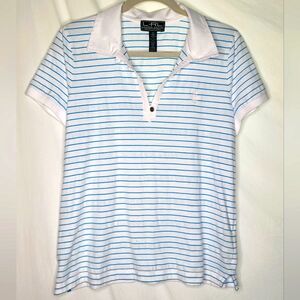 Lauren Ralph Lauren Active Top XL White Blue Striped V-neck Polo Nice Look 💙